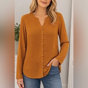 Rachel Zoe Polka Dot Camel Brown White V-Neck Button-Front Blouse Women M